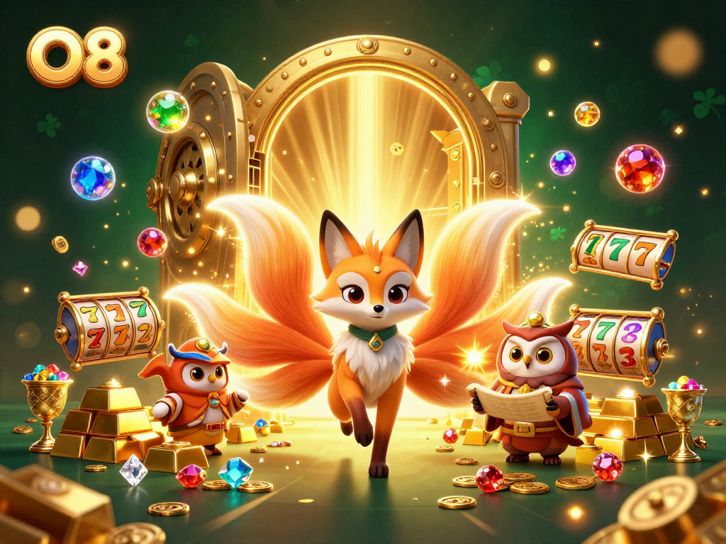 Experience the magical O8 casino adventure with a nine-tailed fox and treasures lighting the way.
