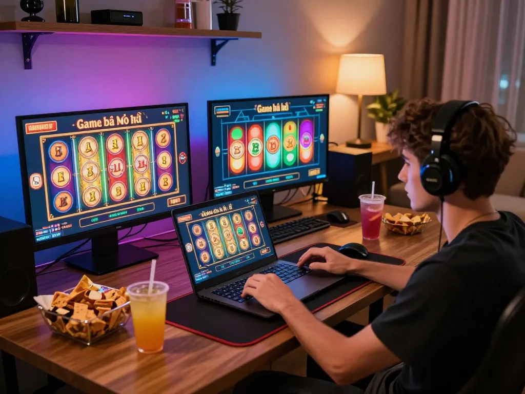Playing Game bài nổ hũ on a laptop at home, showcasing vibrant online gaming setup