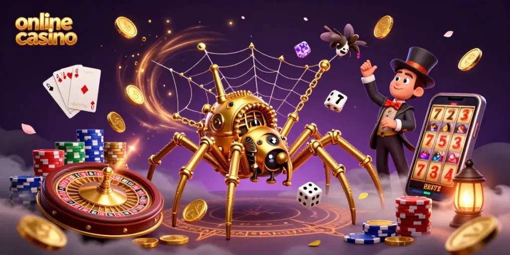 Gana en el casino online con una ilustración vibrante de un mundo lleno de juegos y premios.
