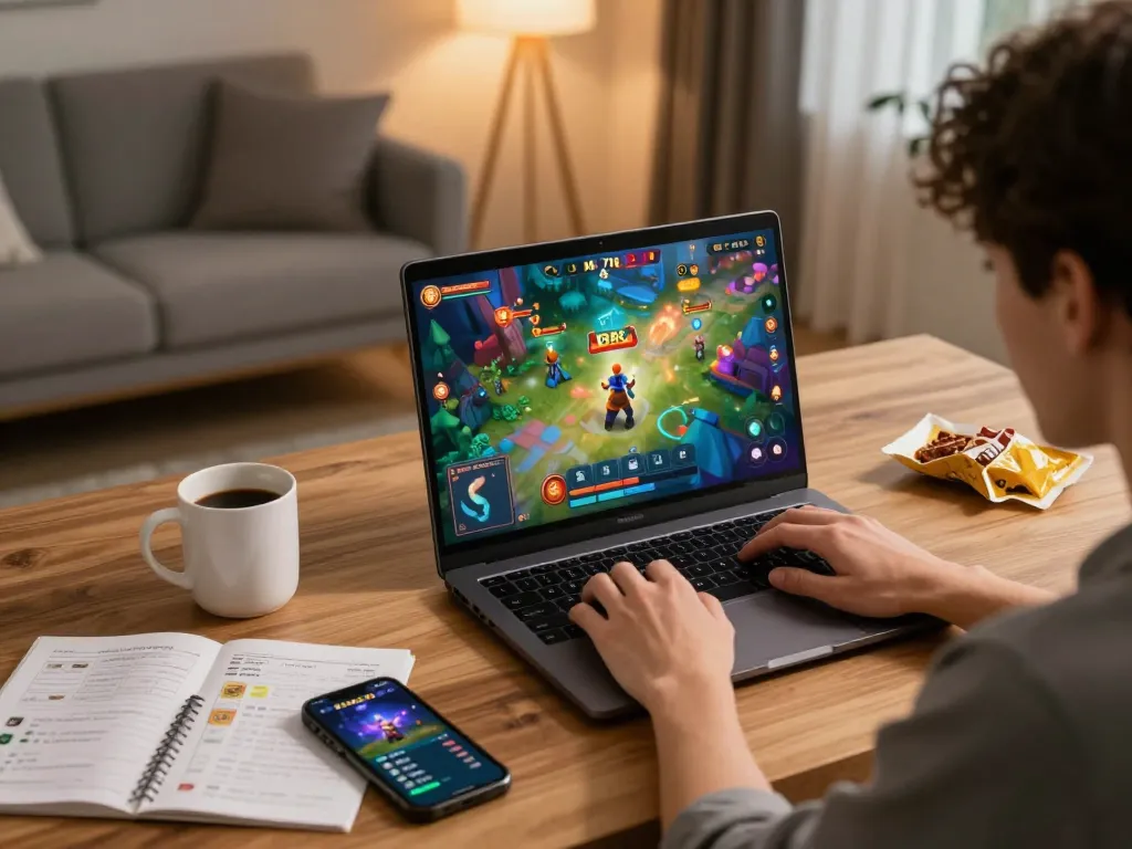 KADAL 778 gameplay on a laptop in a cozy home setting with snacks and strategy notes