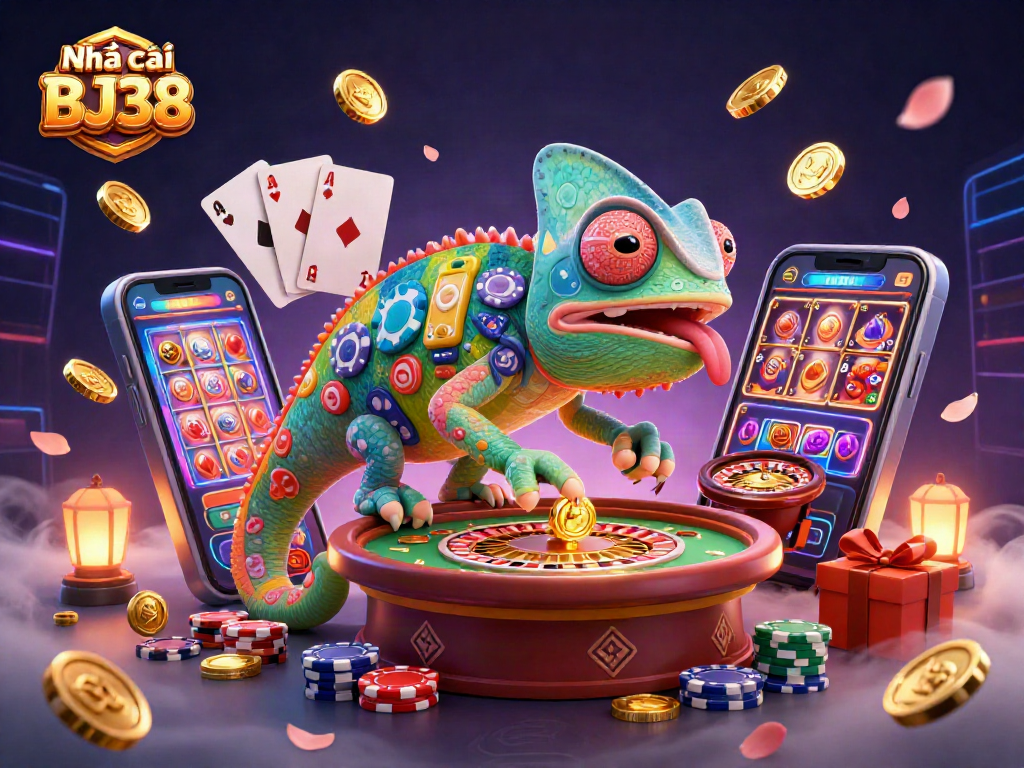 Experience the excitement at Nhà cái BJ38 with a colorful casino atmosphere featuring a chameleon owner and thrilling games.