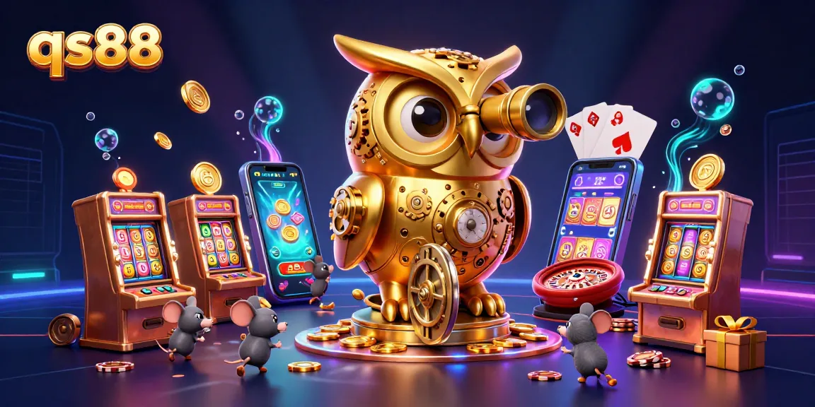 Experience thrilling games at qs88 with a cartoon owl overseeing vibrant casino activities.
