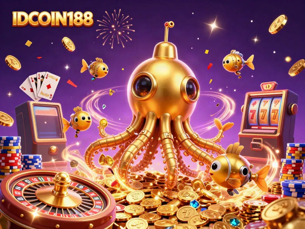 Win big with IDCOIN188 in this vibrant 3D casino scene featuring a golden kraken amidst coins and games.
