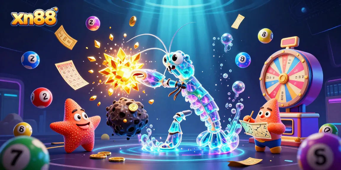 Experience the excitement of xn88 while the galactic samurai mantis shrimp unleashes gems and coins in this vibrant casino-themed scene.