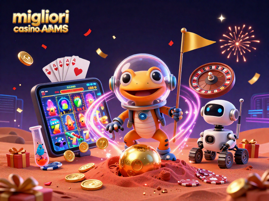 Gioca nei migliori casino non AAMS con un gecko marziano e un robot in un'illustrazione festosa.