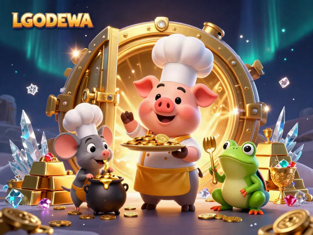 Experience exciting gaming at LGODEWA with a vibrant 3D illustration showcasing chefs and treasures.