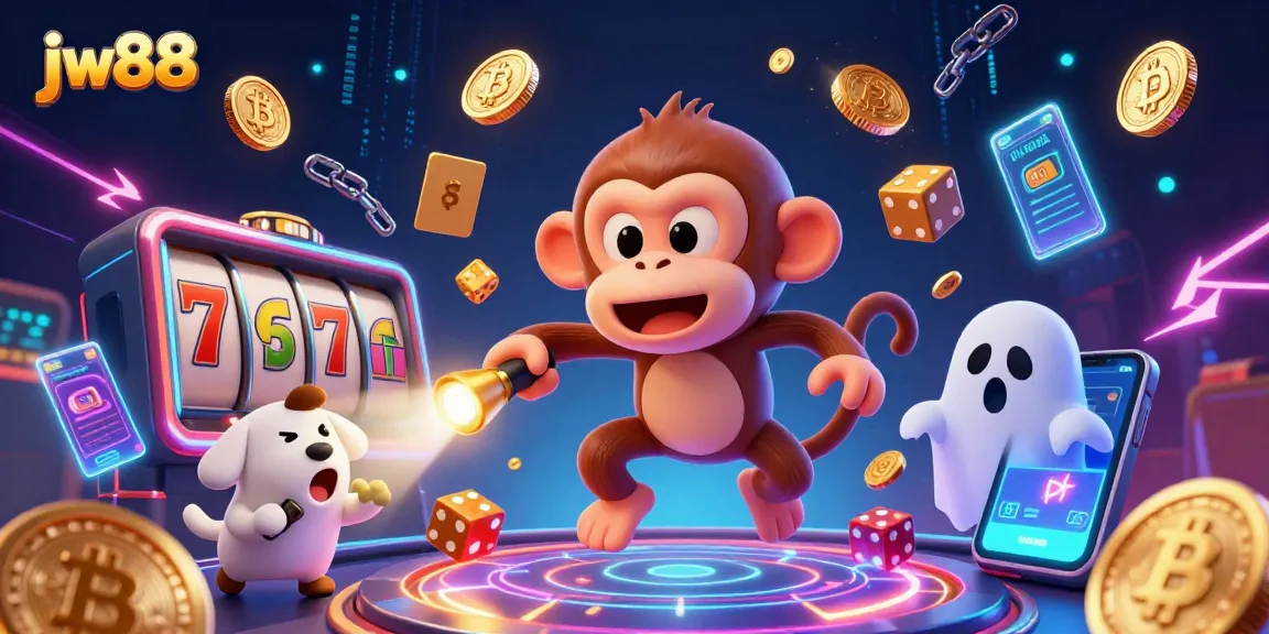 Engage with jw88's vibrant casino scene featuring a playful monkey and brave puppy amid glowing cryptocurrencies and slot reels.