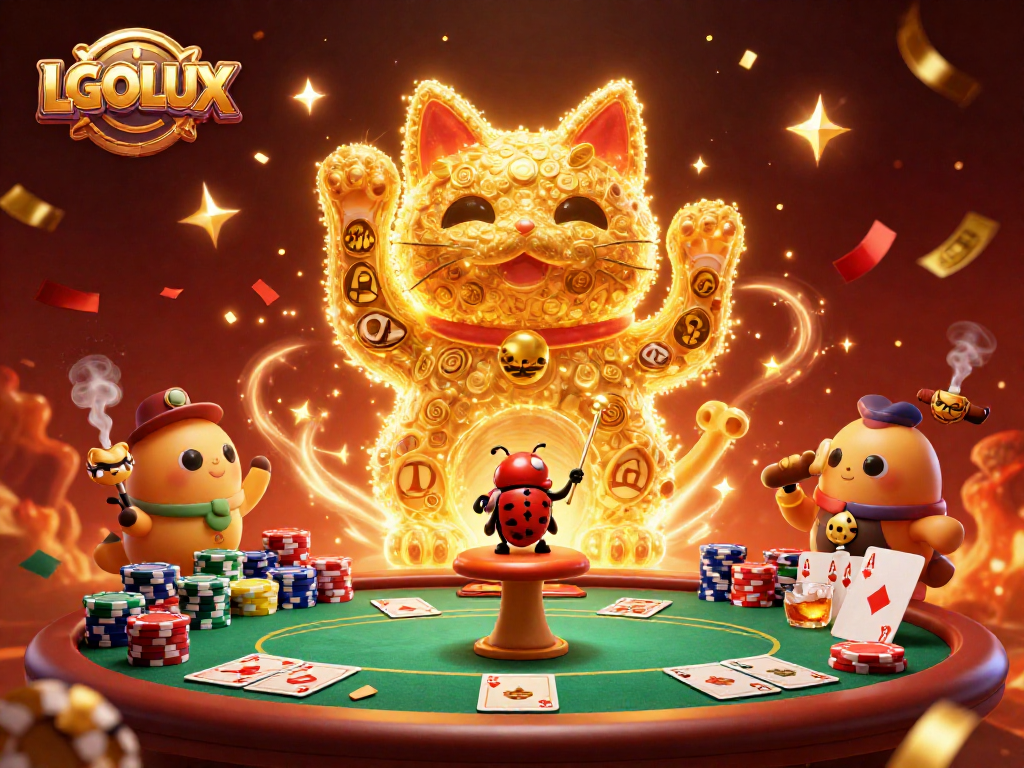 Engage with thrilling casino themes at LGOLUX through a vibrant illustration of a lucky cat and poker elements.