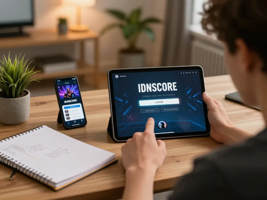 Engaging scene of player logging into IDNSCORE LOGIN for online gaming strategy session in a cozy home.