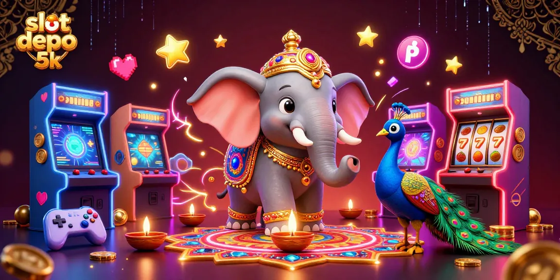 Spin and win on slot depo 5k with vibrant gaming elements in a colorful 3D illustration.