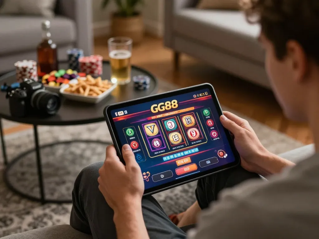 Player enjoying online gaming at GG88 on a tablet in a cozy living room