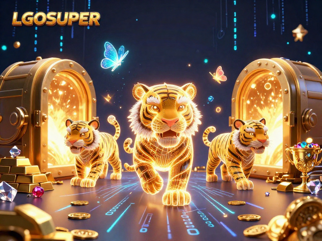 Experience the excitement of LGOSUPER as a glowing tiger dominates a dynamic casino environment.