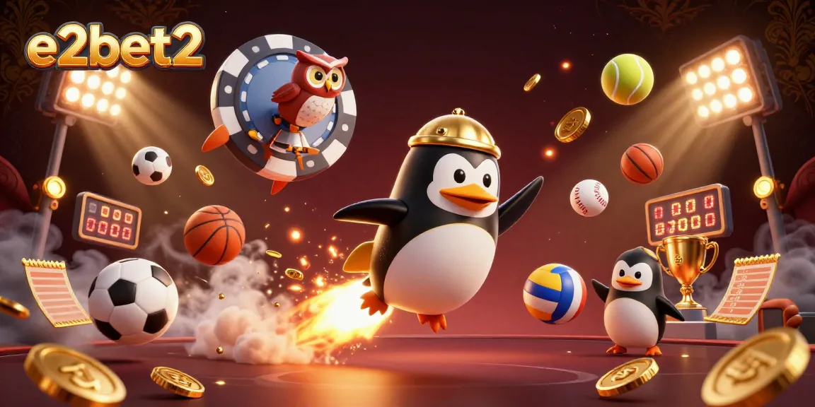 Experience thrilling gaming action in e2bet2 with a golden penguin journeying through a dynamic casino space scene.