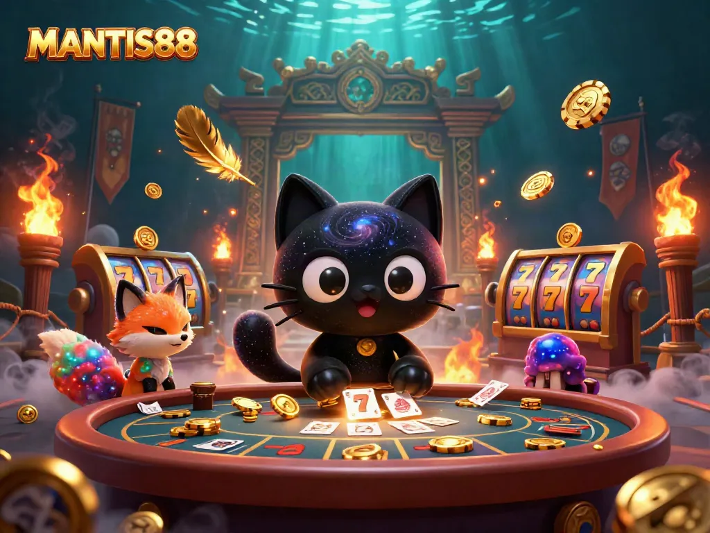 MANTIS88 players immersed in a cosmic casino with captivating elements, pulling in golden chips and cards.