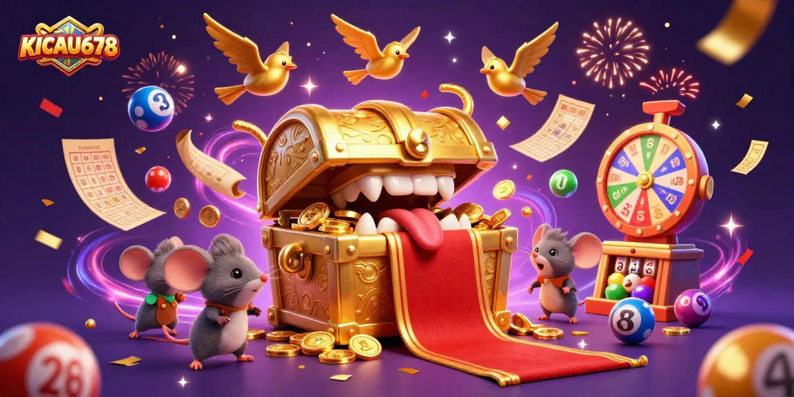 KICAU678 attracts gamblers with a dazzling display of animated casino elements in a vibrant 3D illustration.