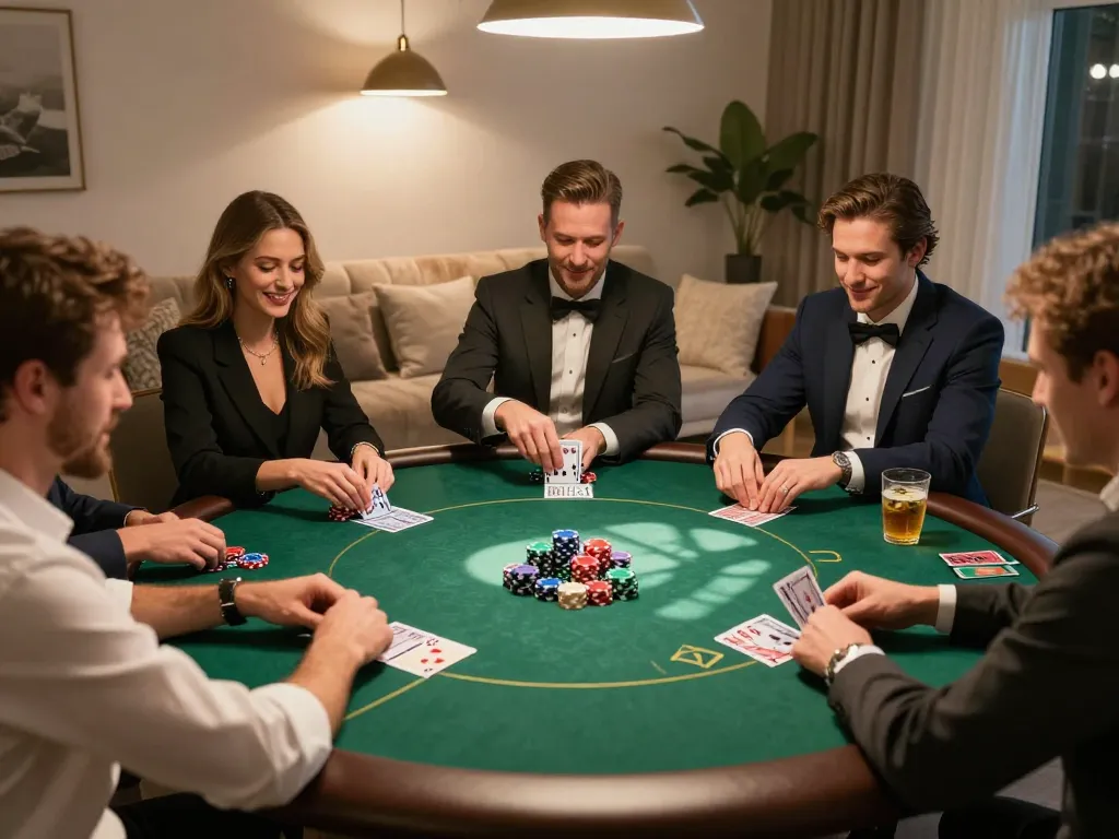 Friends enjoying a thrilling GG88 poker night, showcasing strategy and excitement around a circular table.