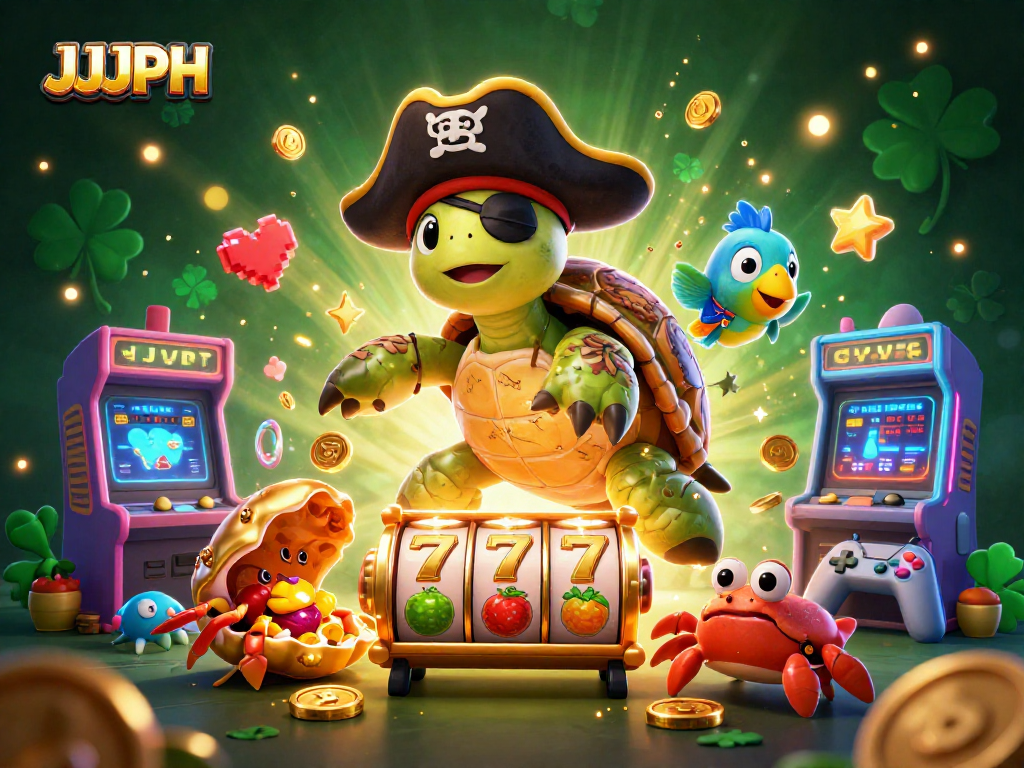 Experience vibrant adventures with JJJPH's cartoon turtle and friends atop slot reels and treasures.