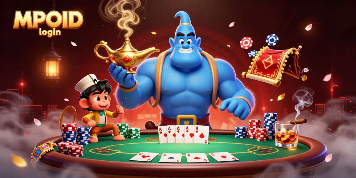 Experience the thrill of MPOID login with our engaging 3D casino scene featuring vibrant poker elements.
