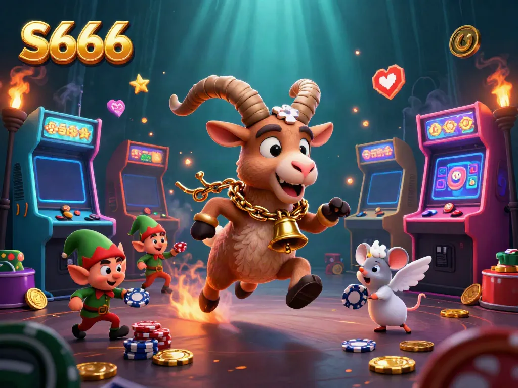Experience the thrilling S666 casino adventure with Krampus, an angel mouse, and playful gremlins amid a vibrant gaming scene.
