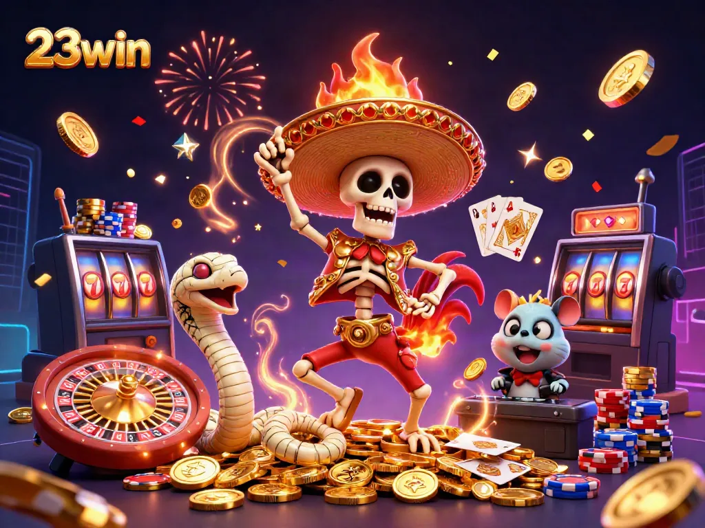 23win brings excitement with a 3D dancing rooster, golden coins, and festive casino atmosphere.