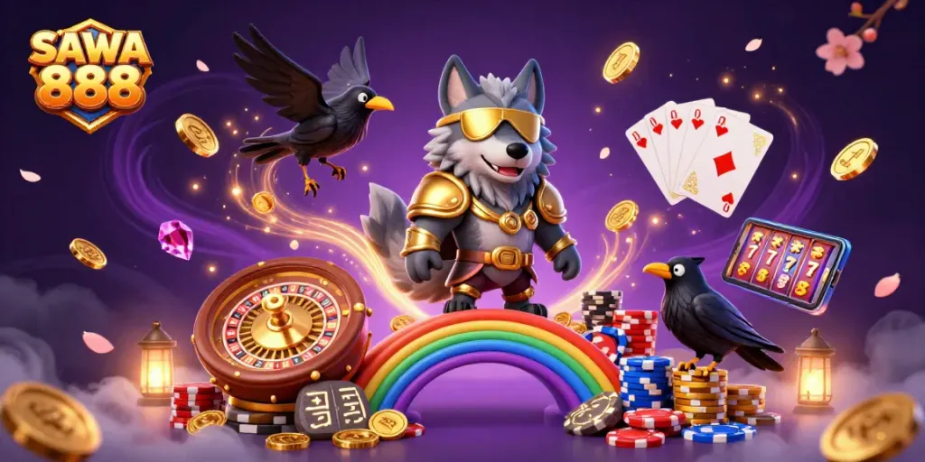 Engage with SAWA 888's vibrant casino experience showcasing Odin and ravens amidst dazzling game elements.