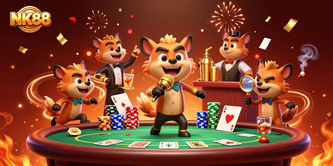 NK88 hyena comedy casino scene with poker elements and vibrant atmosphere.