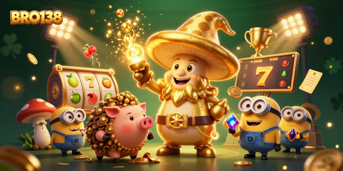 BRO138 enhances casino excitement with golden wizard magic in an elaborately crafted gambling scene.