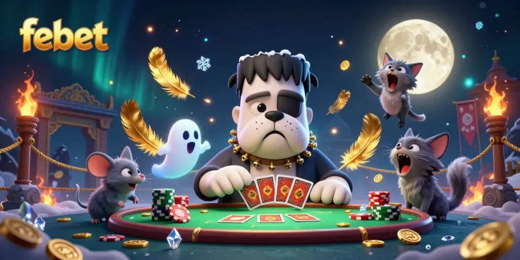 Join the fun at febet with a vibrant 3D scene featuring a Frankenstein bulldog dealing cards in a casino atmosphere.