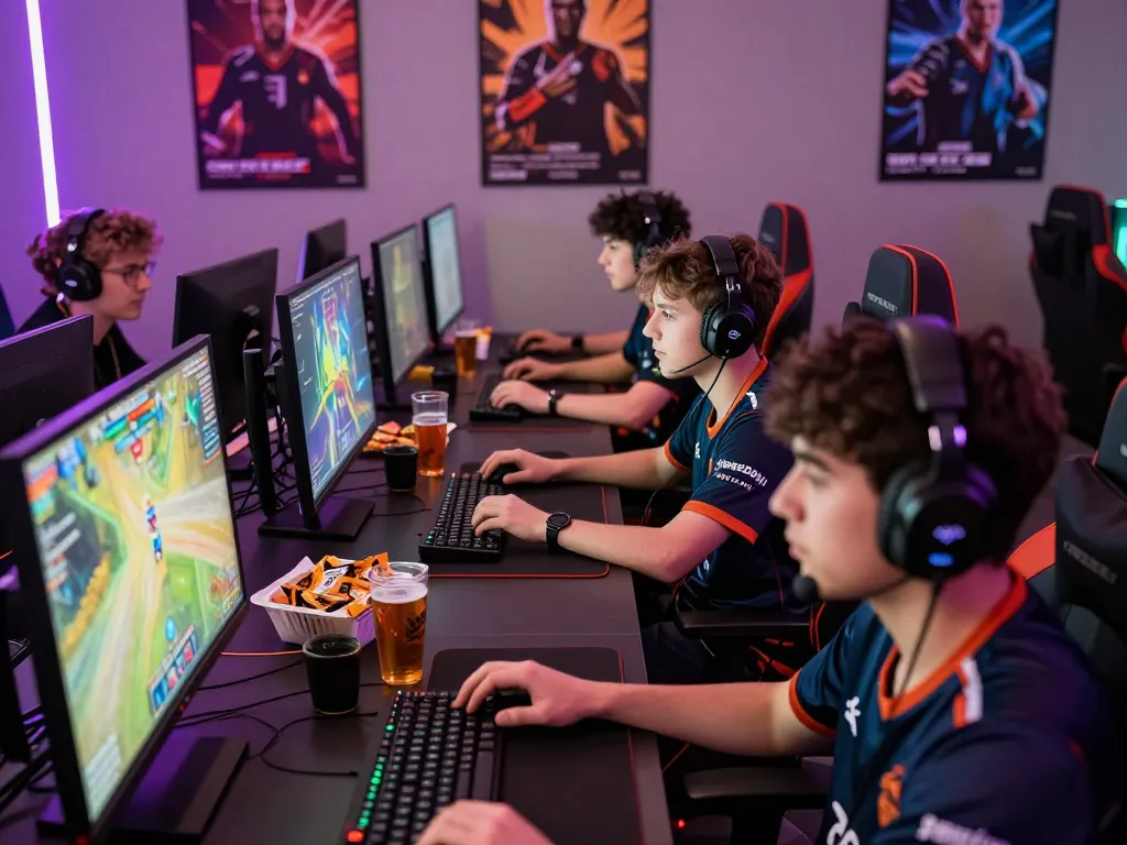 Exciting ligasedayu gaming tournament with players, vibrant graphics, and snacks.