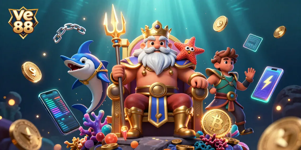 Engage with ve 88 in a vibrant underwater casino realm featuring Neptune and crypto elements.