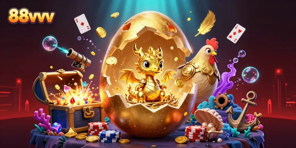 Engage with 88vvv's whimsical golden dragon guarding poker chips amidst treasures in an energetic casino scene.