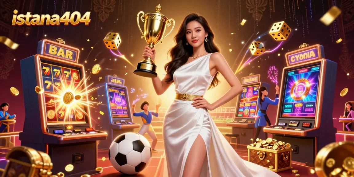 Win big on istana404 with vibrant casino elements and a confident winner holding a trophy.