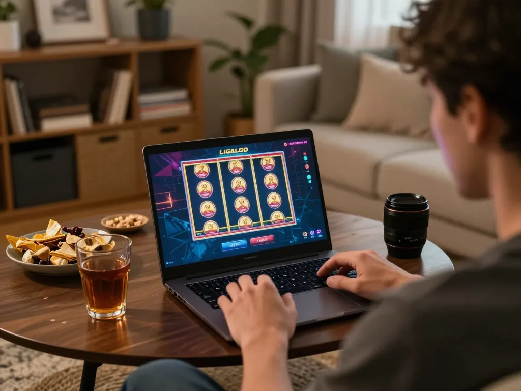 LIGALGO LOGIN interface displayed on laptop during an engaging online slot game at home