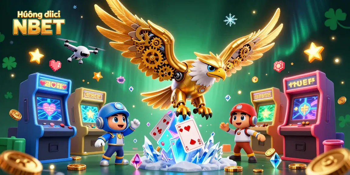 Engage with Hướng dẫn NBET in a vibrant 3D illustration featuring a cybernetic eagle amidst dynamic casino elements.