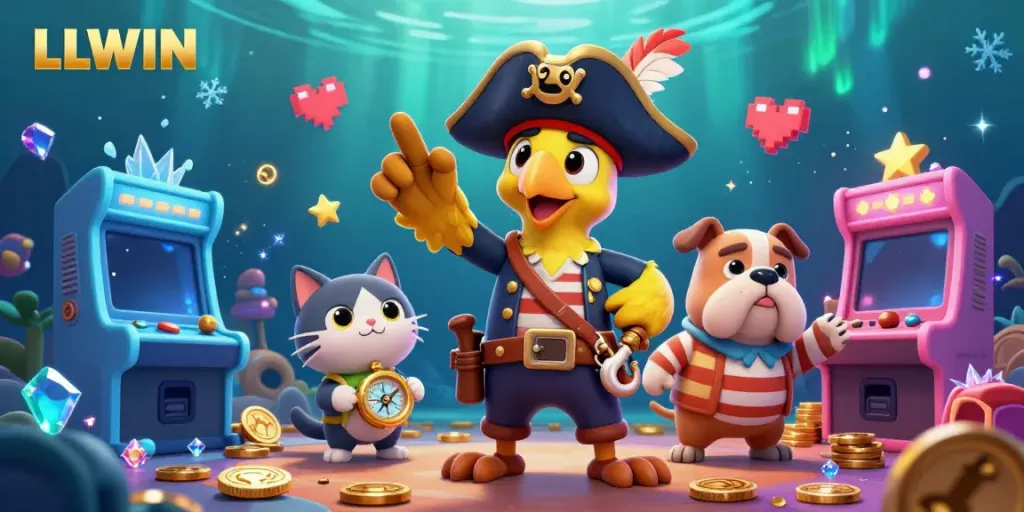 LLWIN gaming scene featuring a pirate captain, bulldog, and cat with dynamic casino game elements.