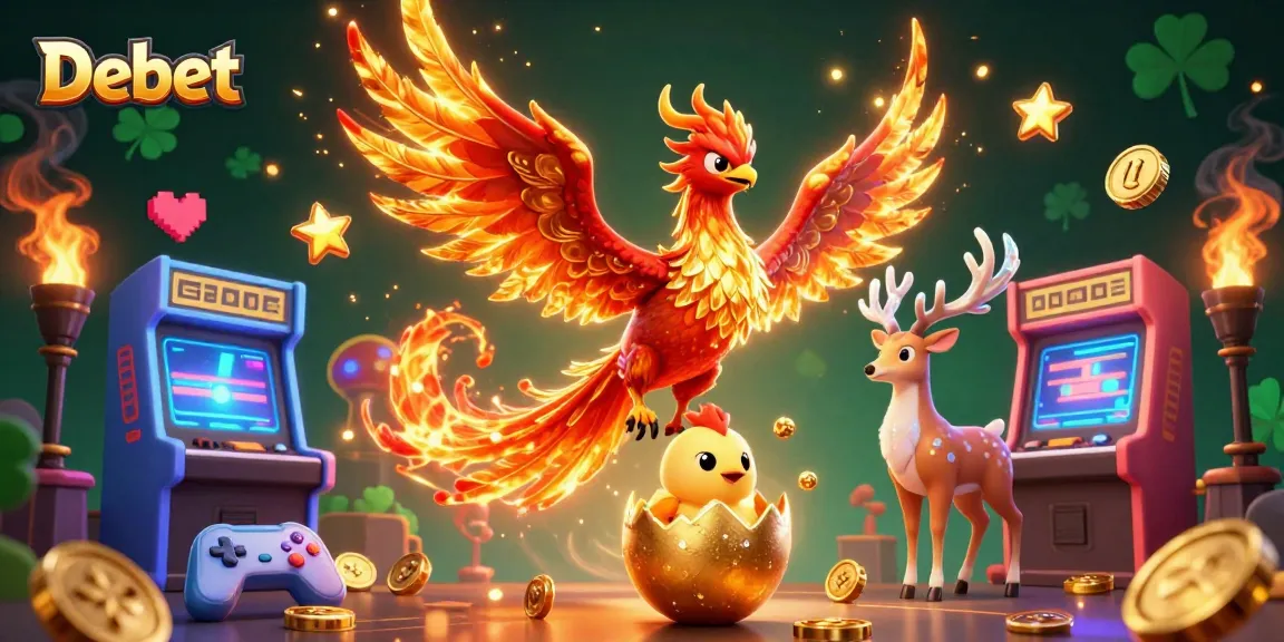 Experience Debet's thrilling gaming adventure with mythical creatures and vibrant arcade elements.