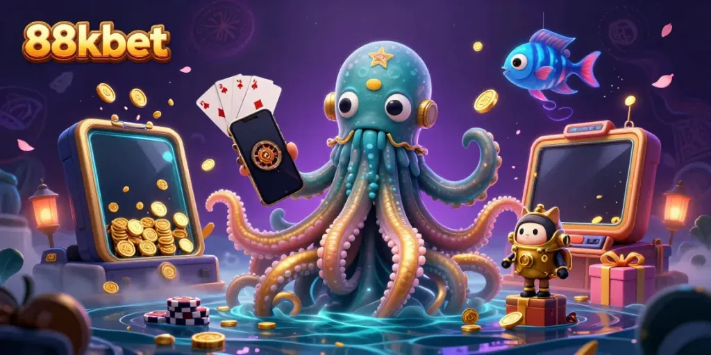 Engage with 88kbet's vibrant casino adventure featuring a colossal kraken, diving cat, and dynamic gaming elements.
