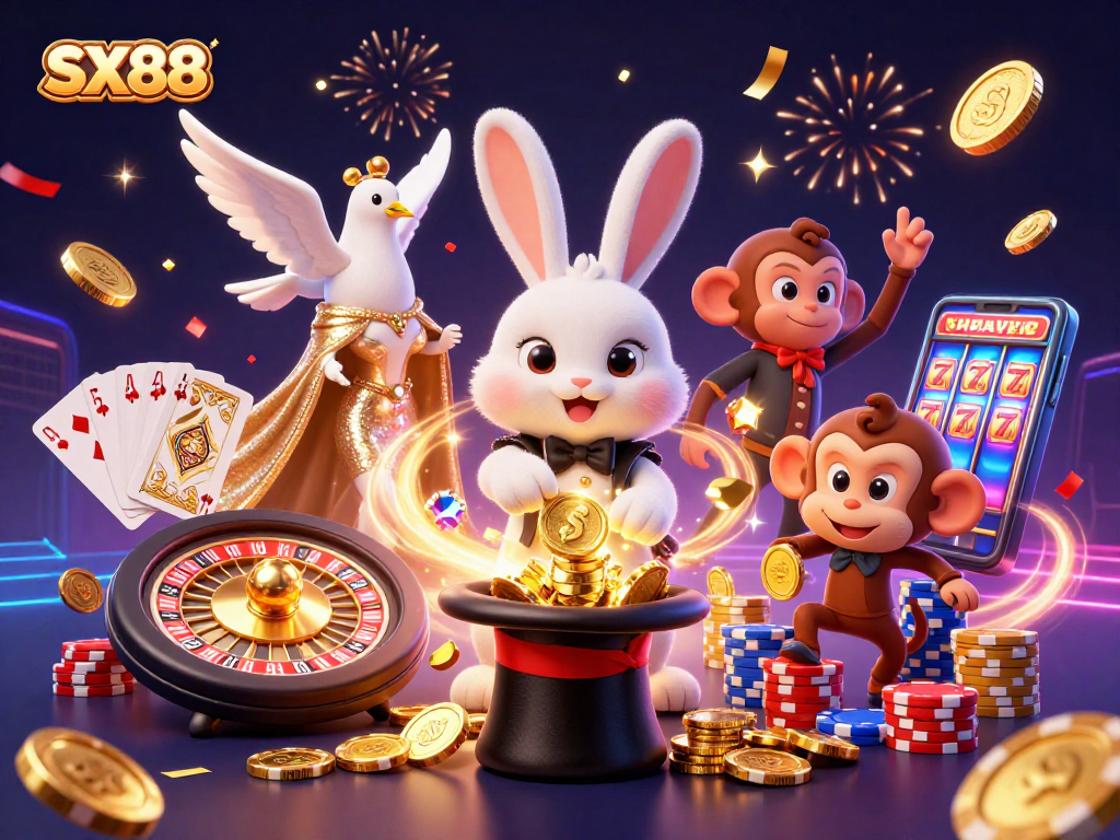 SX88 features a 3D magician rabbit pulling golden coins, a dove, and a monkey amidst dazzling casino elements.