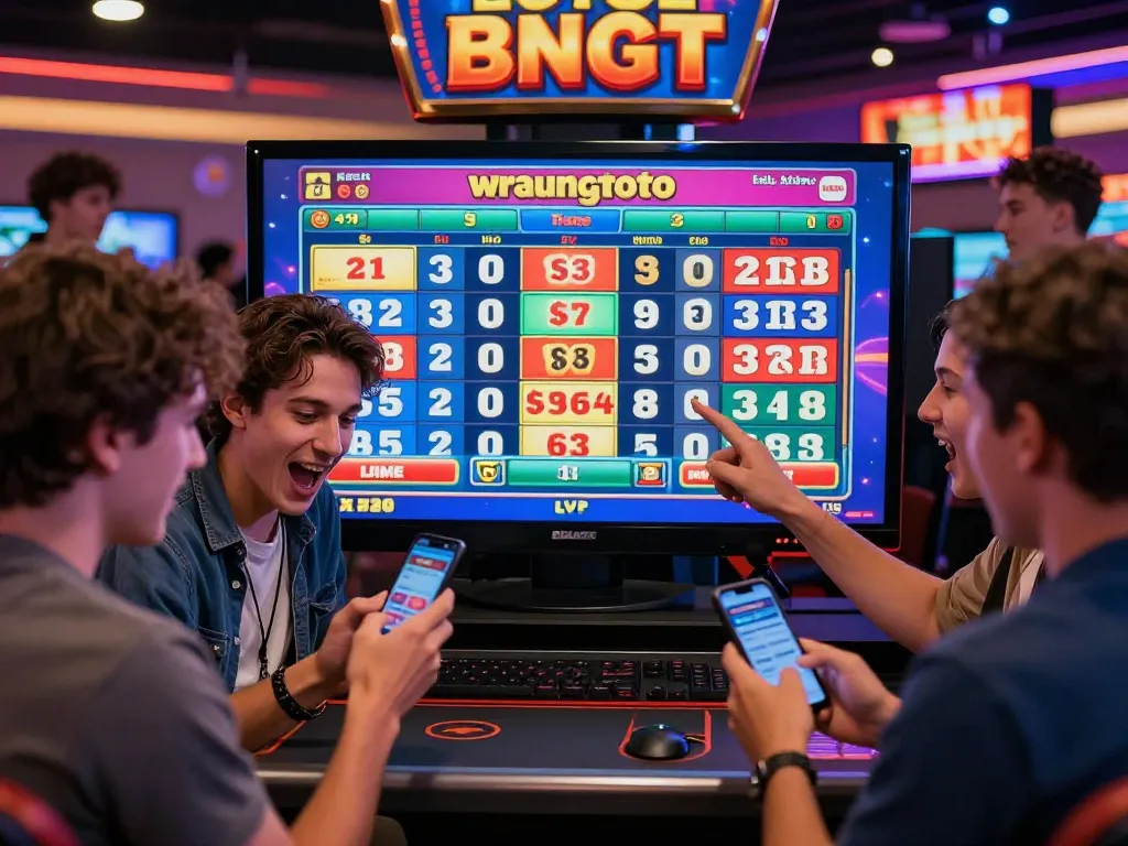 Excited players celebrate wraungtoto lottery wins with friends while checking results on a vibrant online gaming platform.