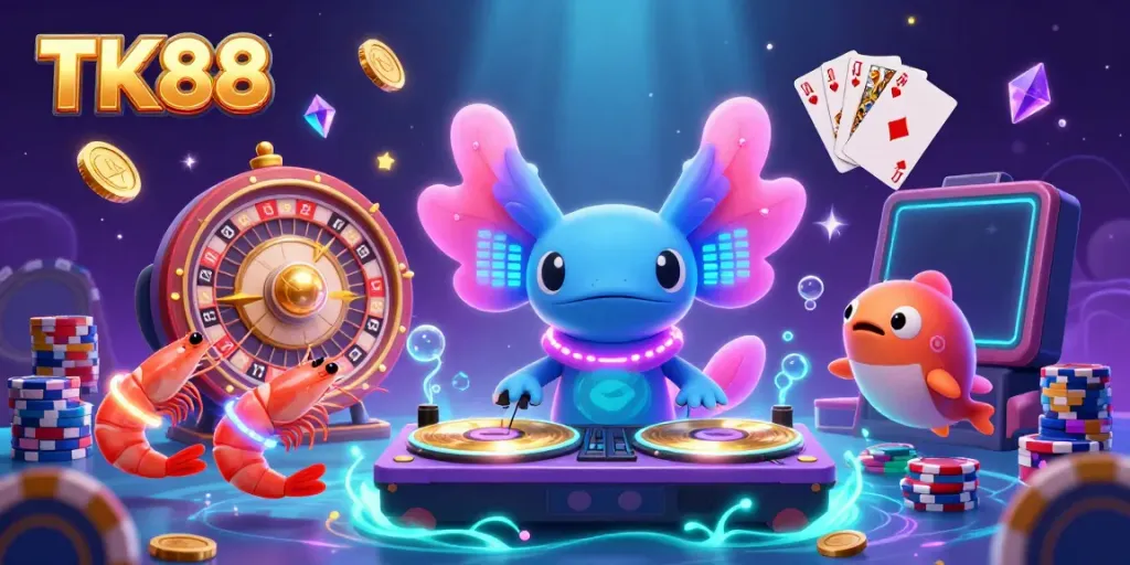 Experience the excitement of TK88 casino gaming with vibrant axolotl DJ and dynamic action.