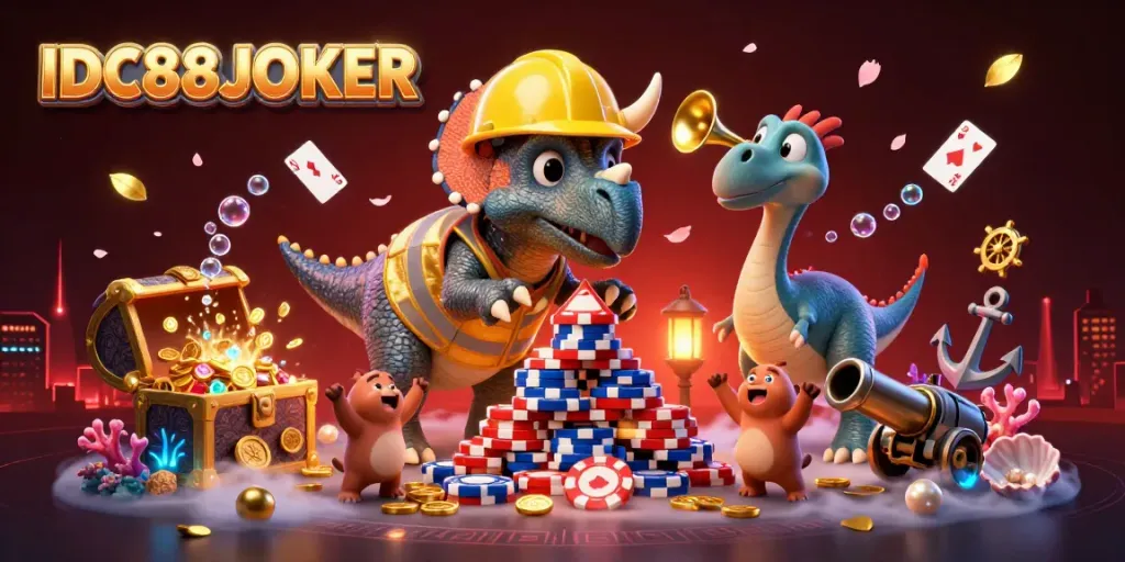 Experience excitement at IDC88JOKER with a lively scene of a triceratops building poker chip pyramids.