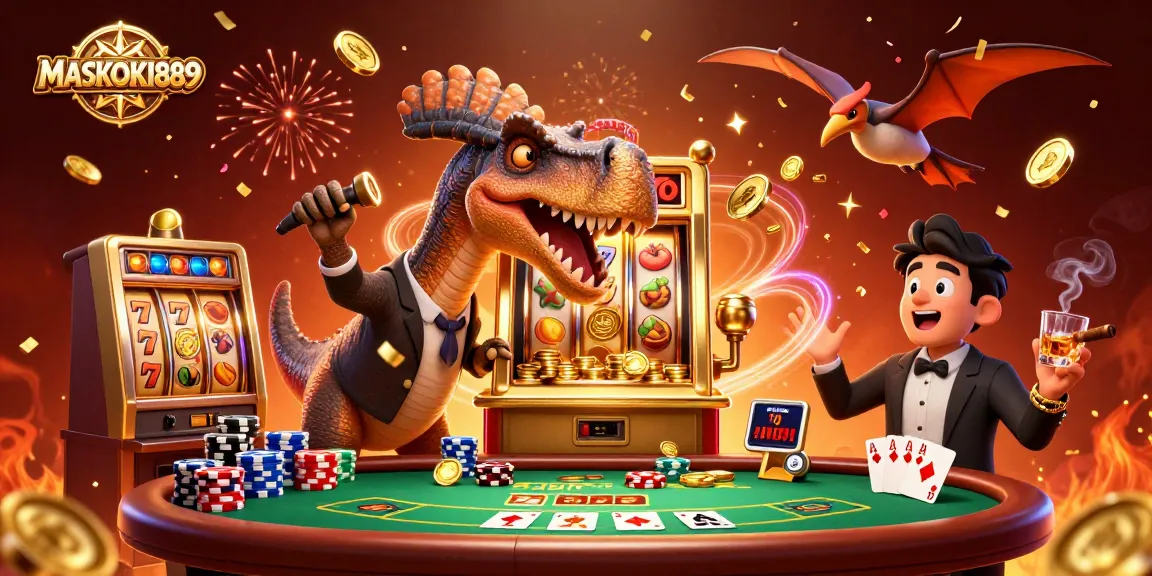 Experience the MASKOKI889 excitement as characters celebrate a slot machine jackpot amidst vibrant casino elements.