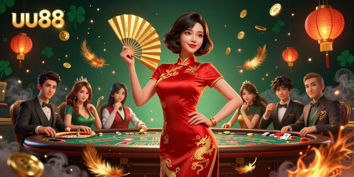 Experience the excitement of uu88 with thrilling games and vibrant elements, showcasing a beautiful Asian woman in a traditional outfit.
