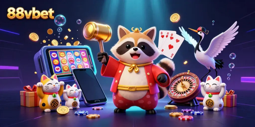 Engage with the excitement of 88vbet's casino games in this vibrant 3D scene of fortune cat characters and festive elements.