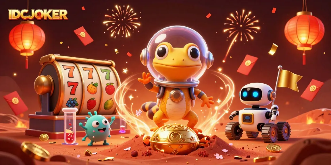 IDCJOKER platform featuring a Martian gecko discovering a golden casino with vivid slot reels