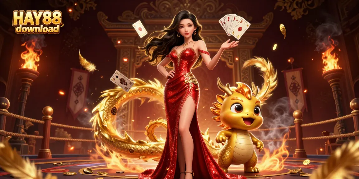 Experience HAY88 download with an exciting illustration of a confident Asian woman in a glamorous gown and casino elements.