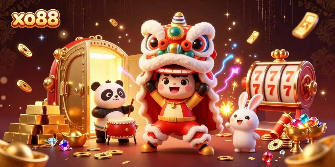 Experience the excitement of xo88 with a vibrant scene filled with a lion dance, drumming panda, and jackpots.