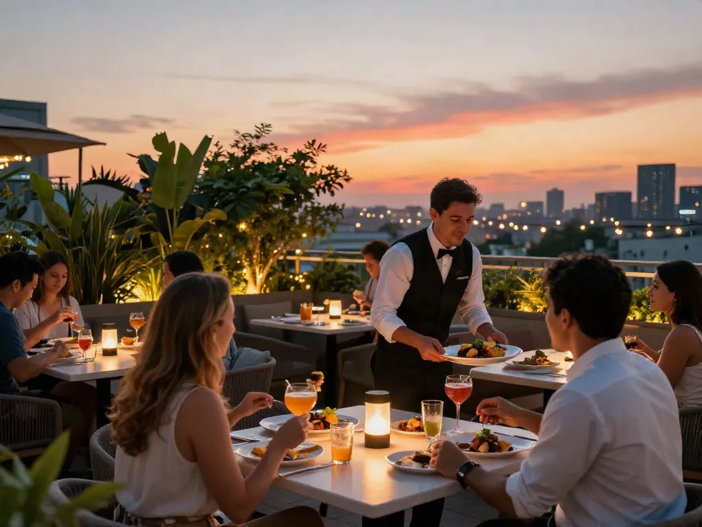 Guests savoring gourmet cuisine at NoHu rooftop restaurant with skyline views.