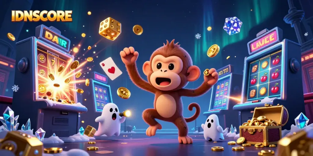 IDNSCORE showcases a lively 3D casino scene with a playful poltergeist monkey juggling, surrounded by vibrant casino elements.