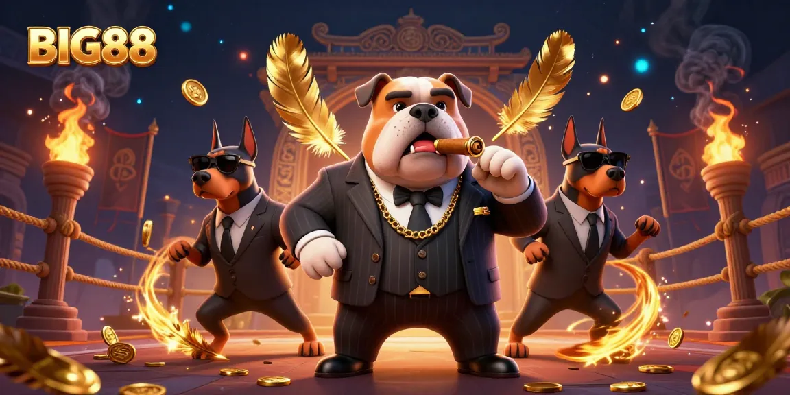 Experience the thrill of BIG88 with a vibrant 3D illustration featuring a mafia bulldog, bodyguards, and dynamic gambling elements.